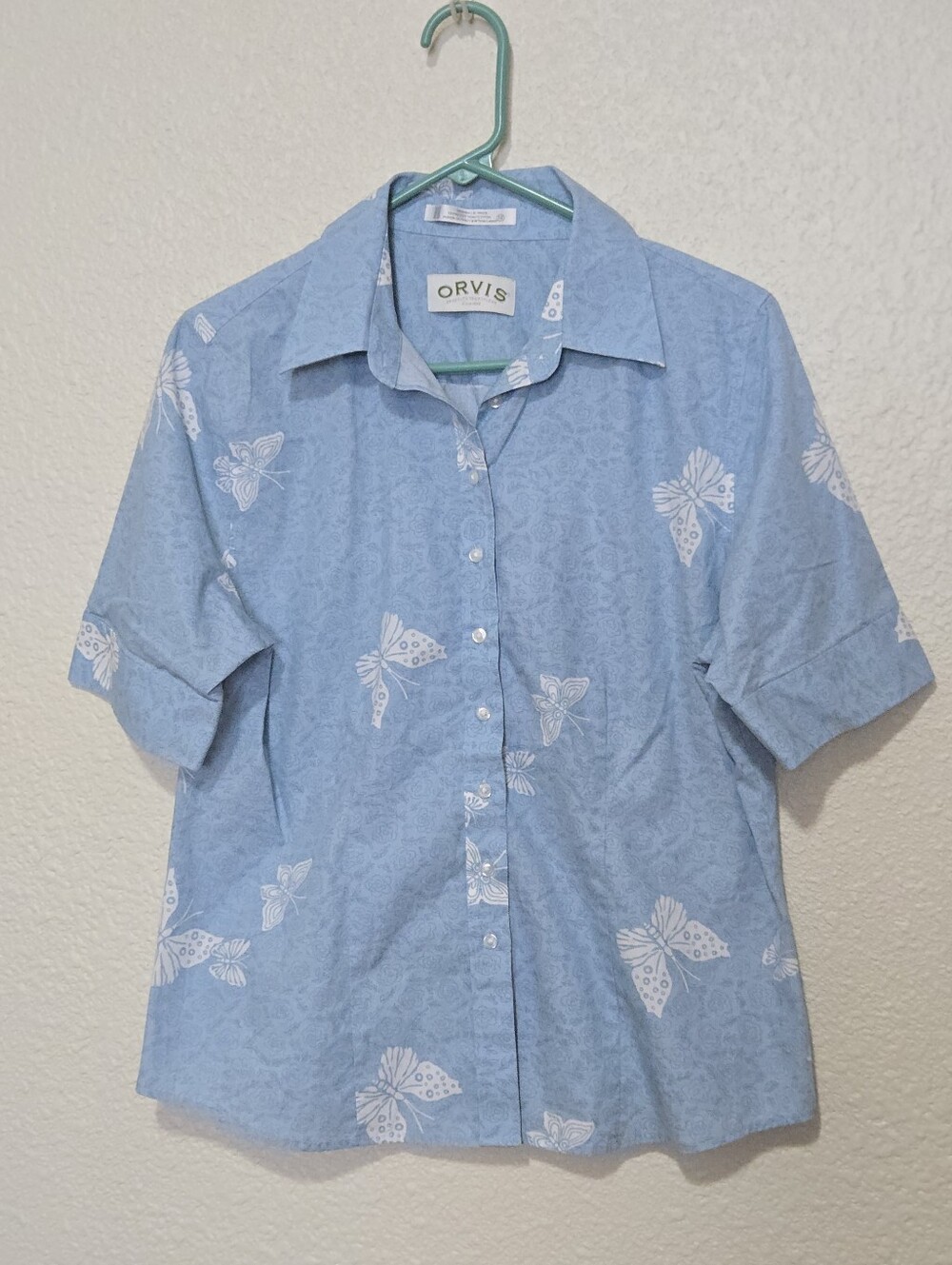 Orvis Cotton Shirt - Papillon Butterfly & Floral Pattern - Light Blue - Size 12